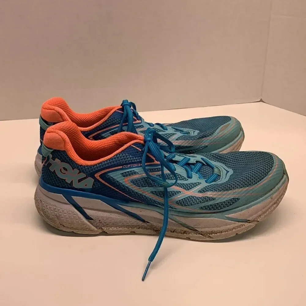 Hoka One One Clifton 3 Sneakers Shoes Lace Up Sneaker Blue Pink Womens Size 10.5 - Picture 3 of 10